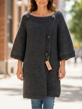Hand Knit handcrafted grey wool acrylic blend sweater dress size M